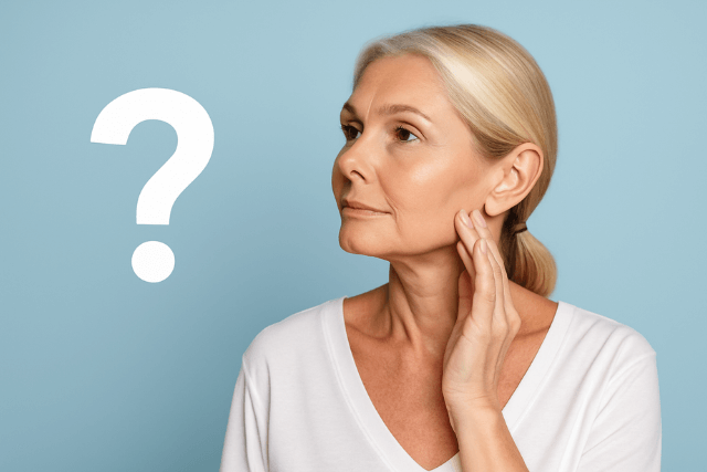Middle-aged woman touching her jawline with a question mark beside her on a blue background.