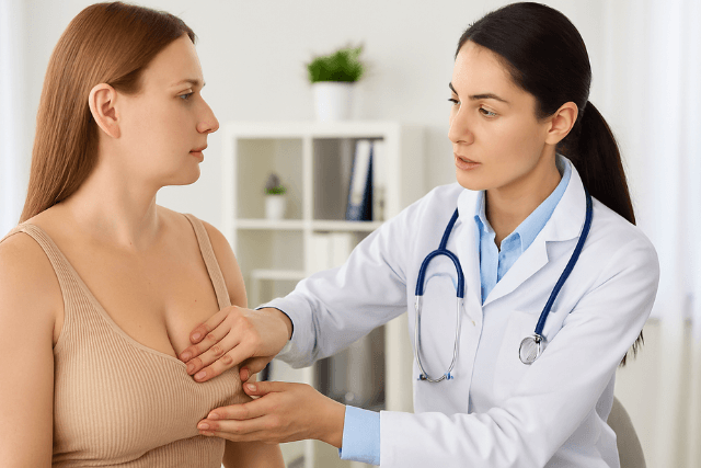 A female patient sits with a healthcare provider in a consultation room, discussing breast reduction surgery options.