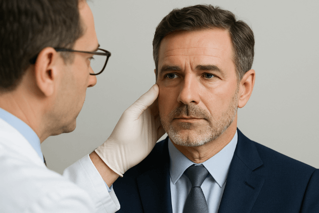 Doctor examines middle-aged man's face during a facelift consultation.